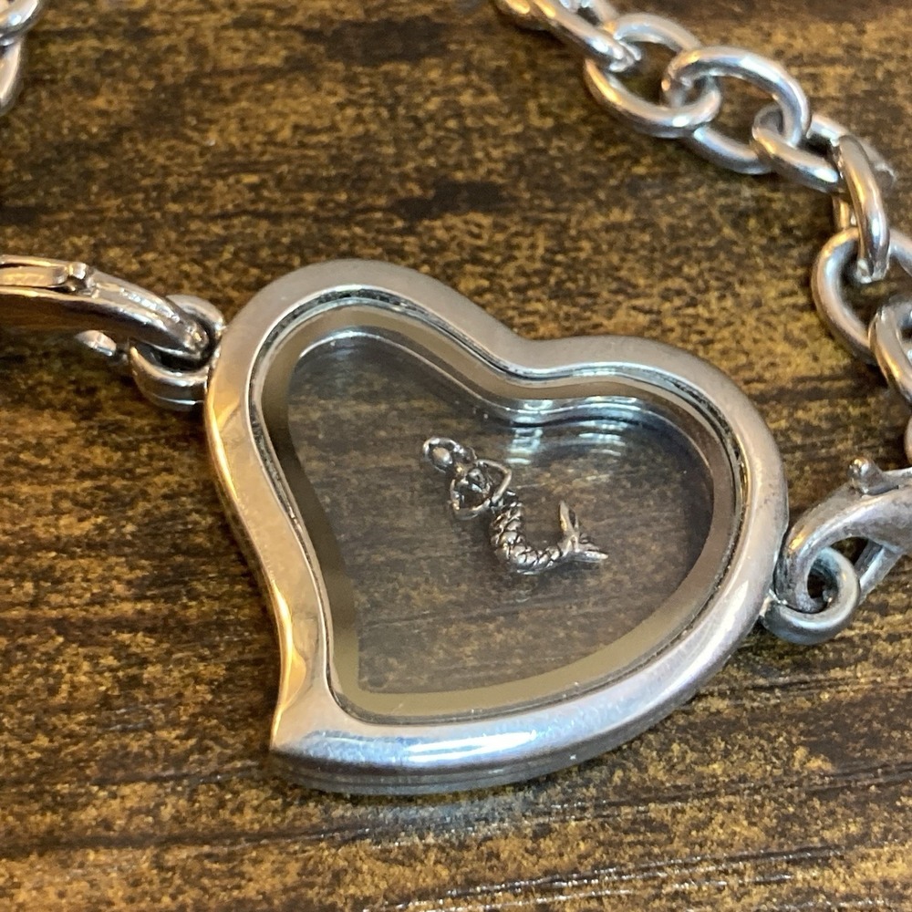 Floating Charm Bracelet 9" Mermaid Heart Locket Silver Tone Dangle Charm
